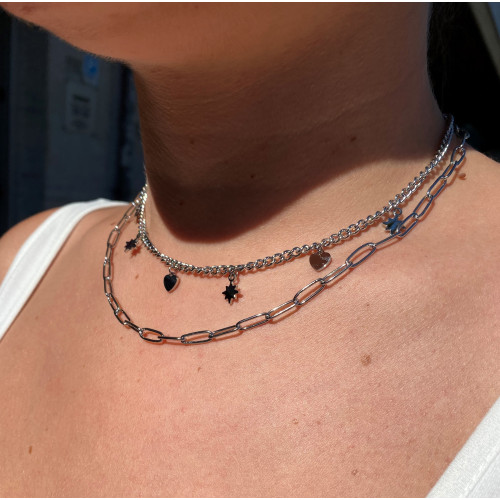 COLLAR ACERO DOBLE ESTRELLAS Y CORAZONES