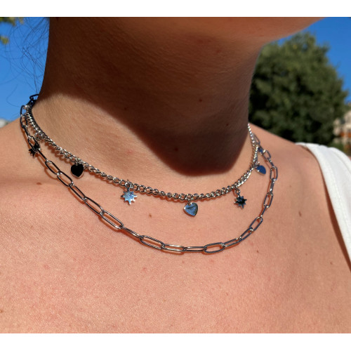 COLLAR ACERO DOBLE ESTRELLAS Y CORAZONES