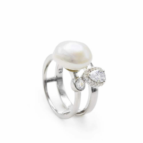 ANILLO CON PERLAS DE PLATA DISEÑO DOBLE CON CUARZO ADAMANTINO