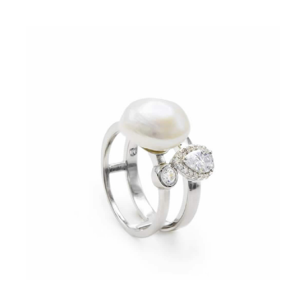 ANILLO CON PERLAS DE PLATA DISEÑO DOBLE CON CUARZO ADAMANTINO