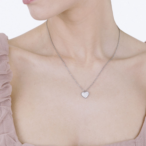 COLLAR DE ACERO CORAZÓN Y CIRCONITAS BLANCAS