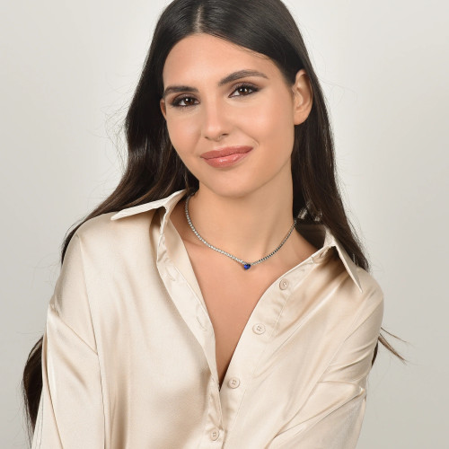 COLLAR DE ACERO TIPO RIVIERE CON CORAZÓN AZUL