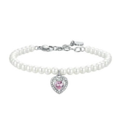 PULSERA DE ACERO CON PERLAS Y CORAZÓN DE CIRCONITA ROSA