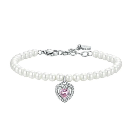 PULSERA DE ACERO CON PERLAS Y CORAZÓN DE CIRCONITA ROSA
