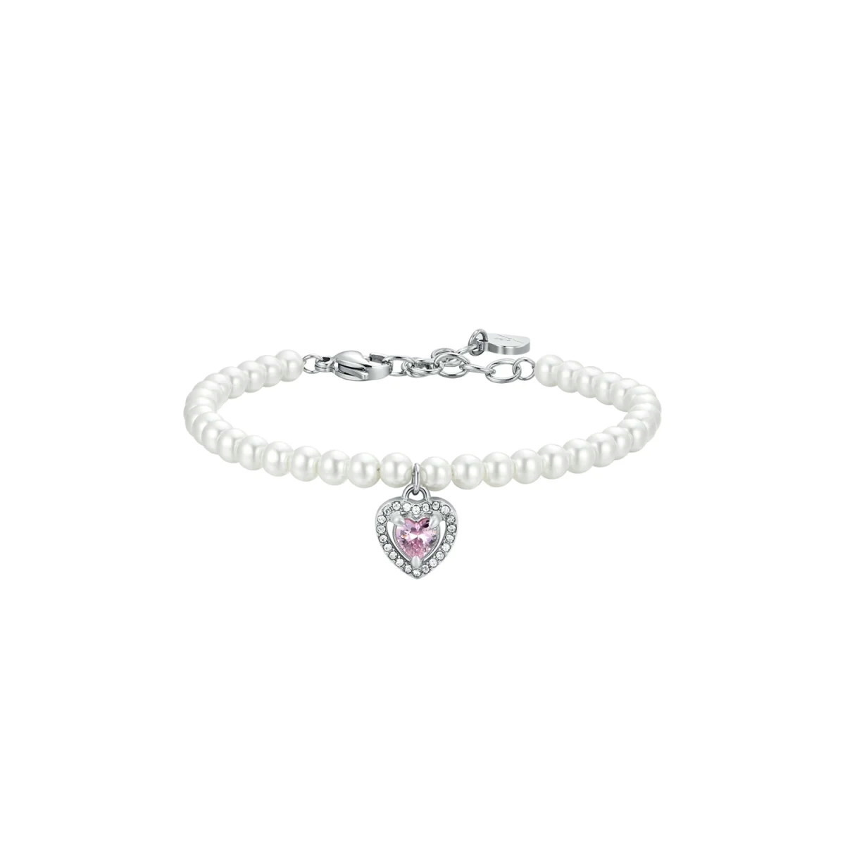 PULSERA DE ACERO CON PERLAS Y CORAZÓN DE CIRCONITA ROSA