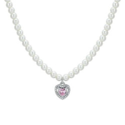 COLLAR DE ACERO CON PERLAS Y CORAZÓN DE CIRCONITA ROSA