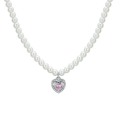 COLLAR DE ACERO CON PERLAS Y CORAZÓN DE CIRCONITA ROSA