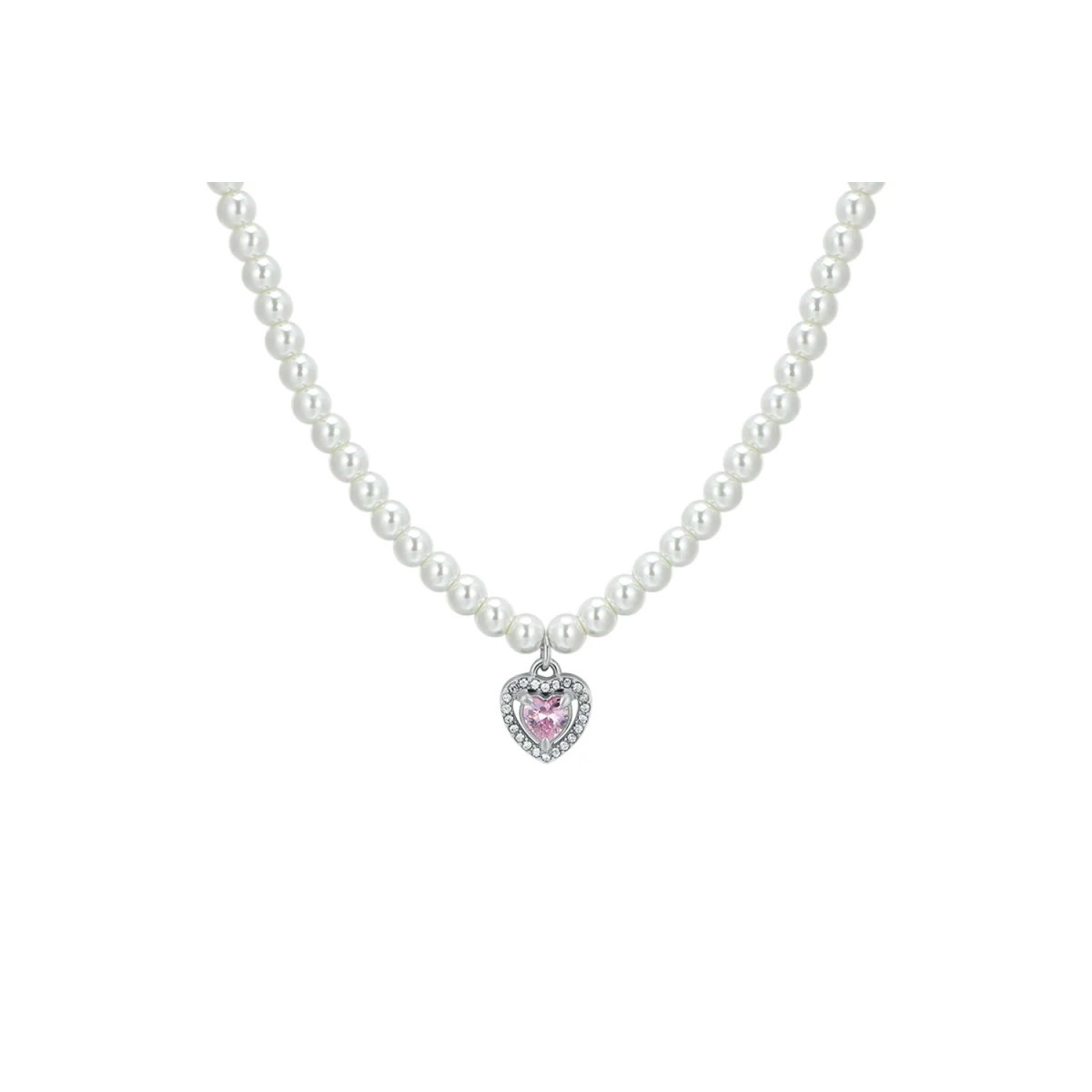 COLLAR DE ACERO CON PERLAS Y CORAZÓN DE CIRCONITA ROSA