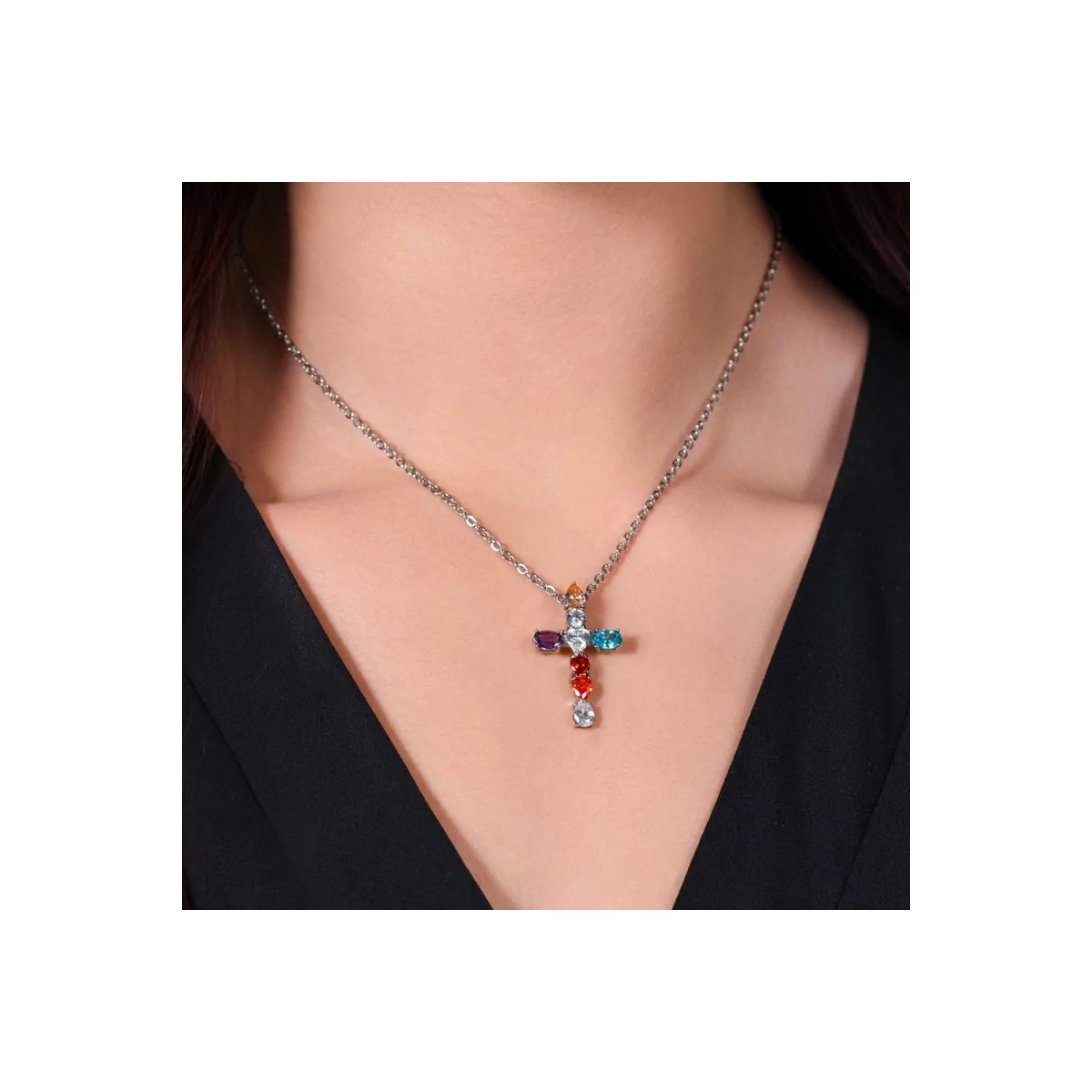 COLLAR ACERO CRUZ MULTICOLOR