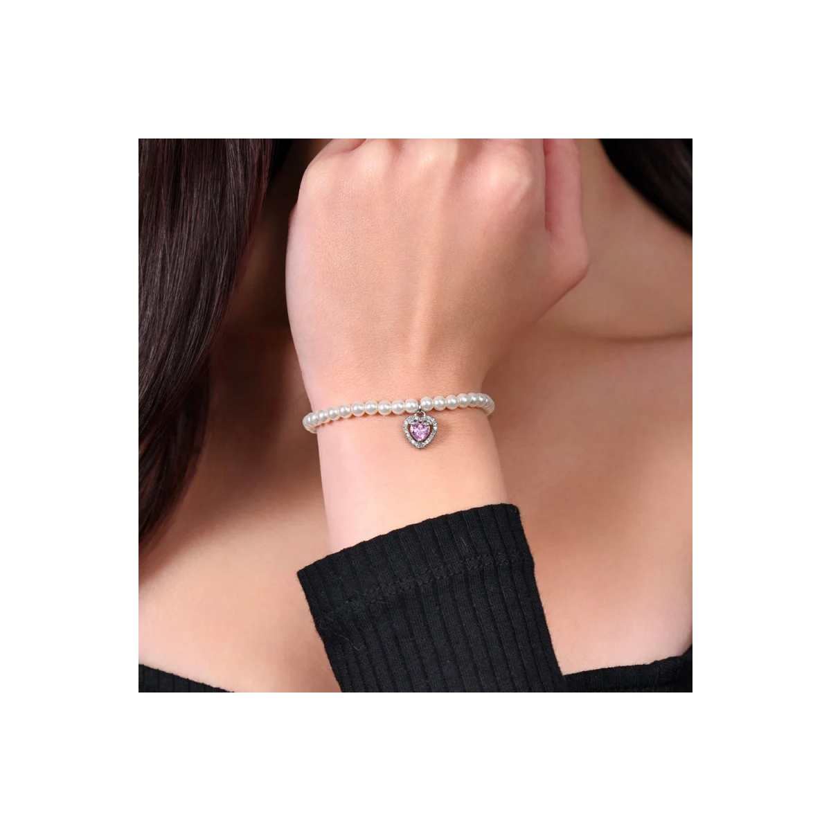 PULSERA DE ACERO CON PERLAS Y CORAZÓN DE CIRCONITA ROSA