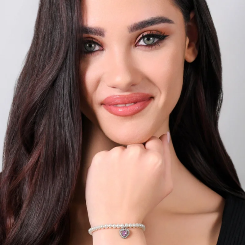 PULSERA DE ACERO CON PERLAS Y CORAZÓN DE CIRCONITA ROSA