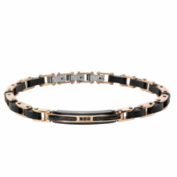 PULSERA DE ACERO Y MADERA BAÑO EN ORO ROSA Y CIRCONITA NEGRA