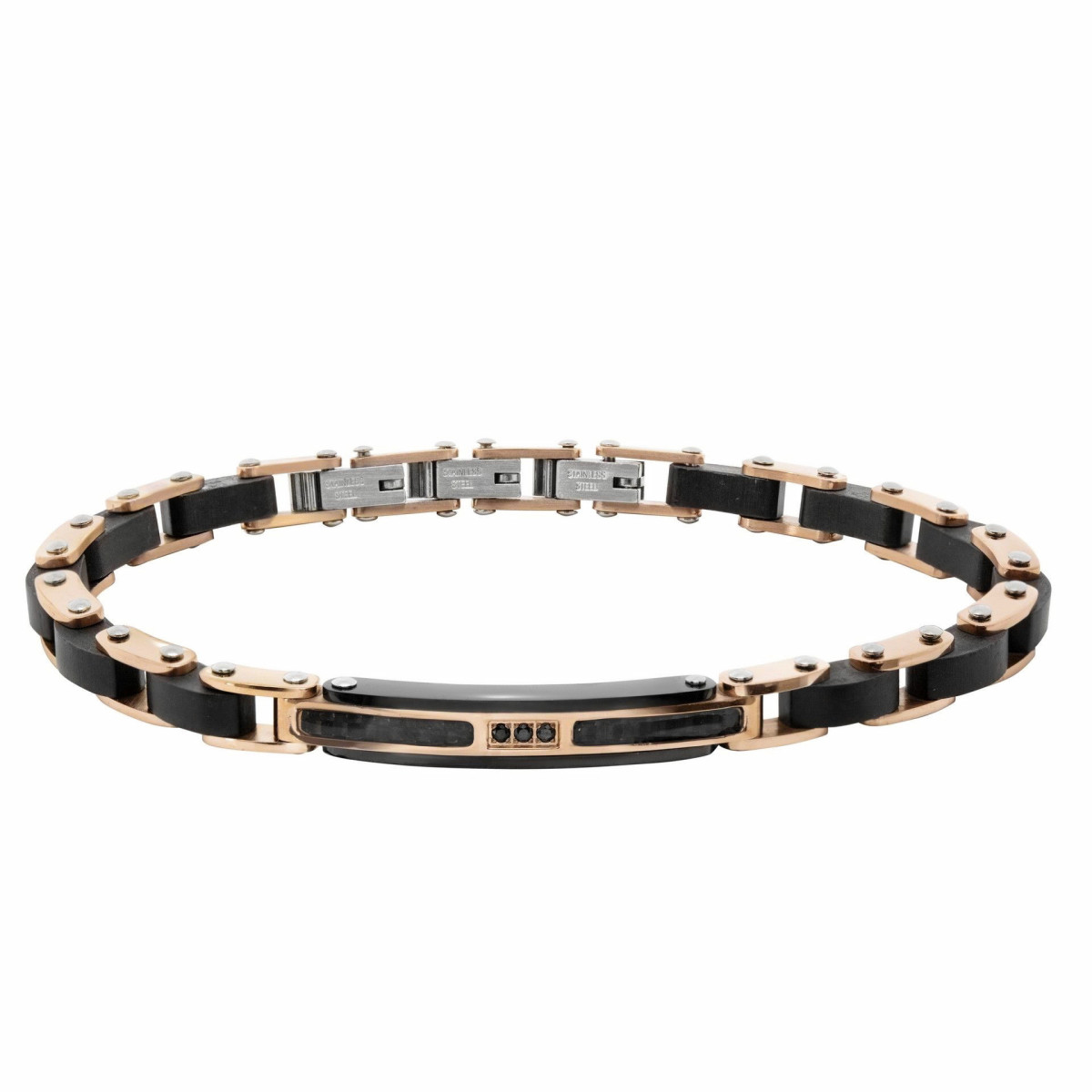 PULSERA DE ACERO Y MADERA BAÑO EN ORO ROSA Y CIRCONITA NEGRA