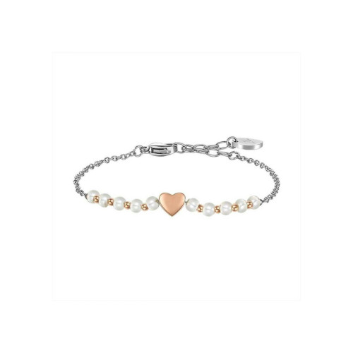 PULSERA DE MUJER DE ACERO IP ORO Y PERLAS BLANCAS CON CORAZÓN DE ROSAS