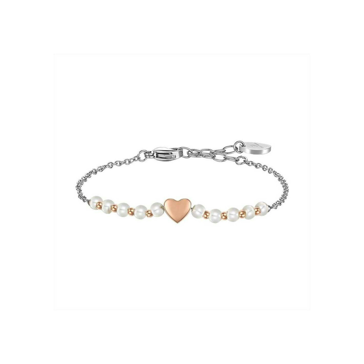 PULSERA DE MUJER DE ACERO IP ORO Y PERLAS BLANCAS CON CORAZÓN DE ROSAS