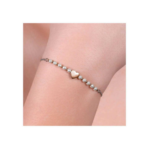 PULSERA DE MUJER DE ACERO IP ORO Y PERLAS BLANCAS CON CORAZÓN DE ROSAS