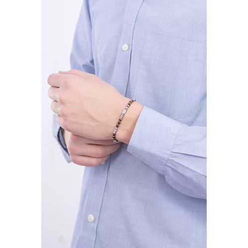 PULSERA DE ACERO CON PIEDRAS DE OJO DE TIGRE MARRONES