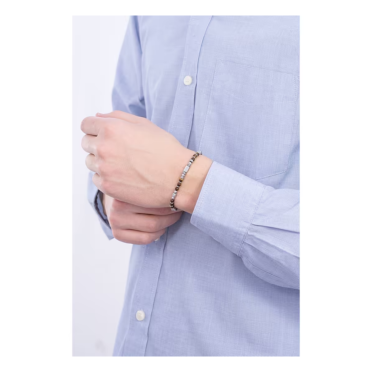 PULSERA DE ACERO CON PIEDRAS DE OJO DE TIGRE MARRONES