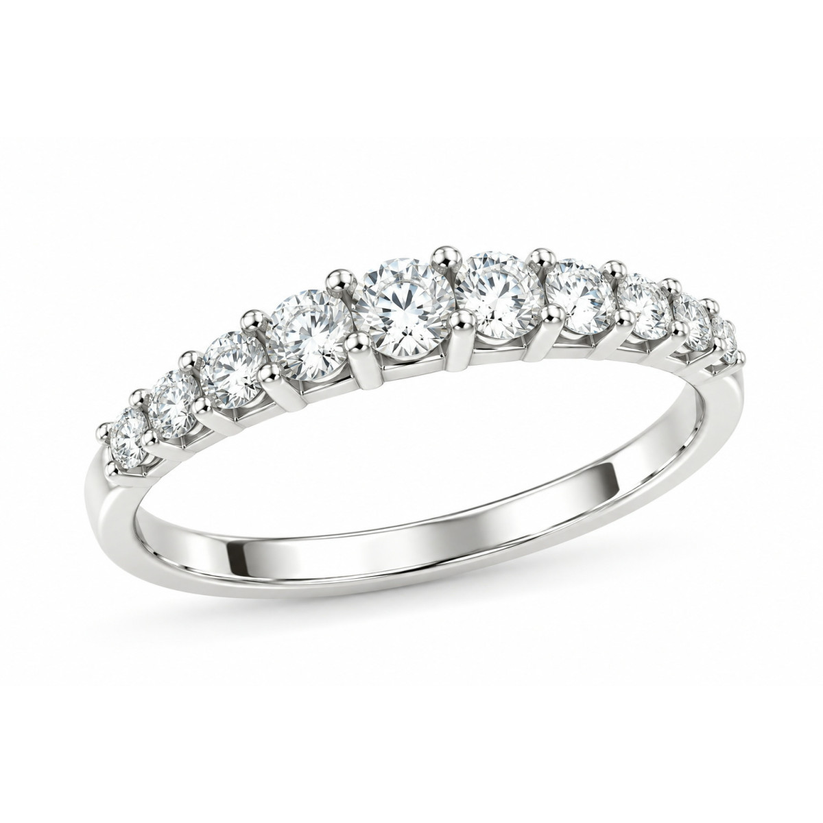 Anillo de Oro Blanco de 18kt con 11 Circonitas en Degradado y Garras Elevadas